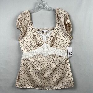 SO Womens Floral Babydoll Top Cream Lace Trim Puff Sleeve Square Neck Medium NEW